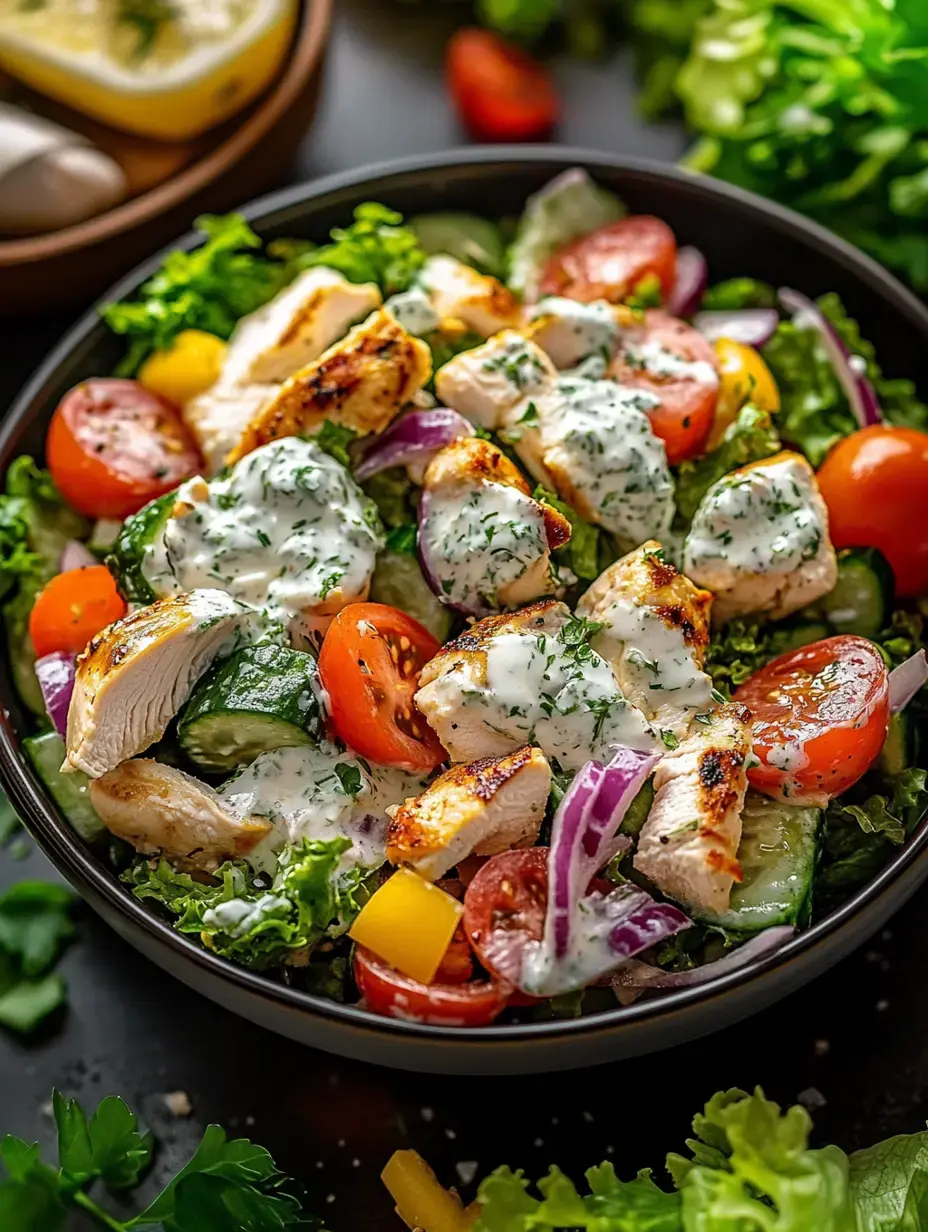 A colorful salad with grilled chicken, cherry tomatoes, cucumbers, and a creamy dressing, served in a dark bowl.