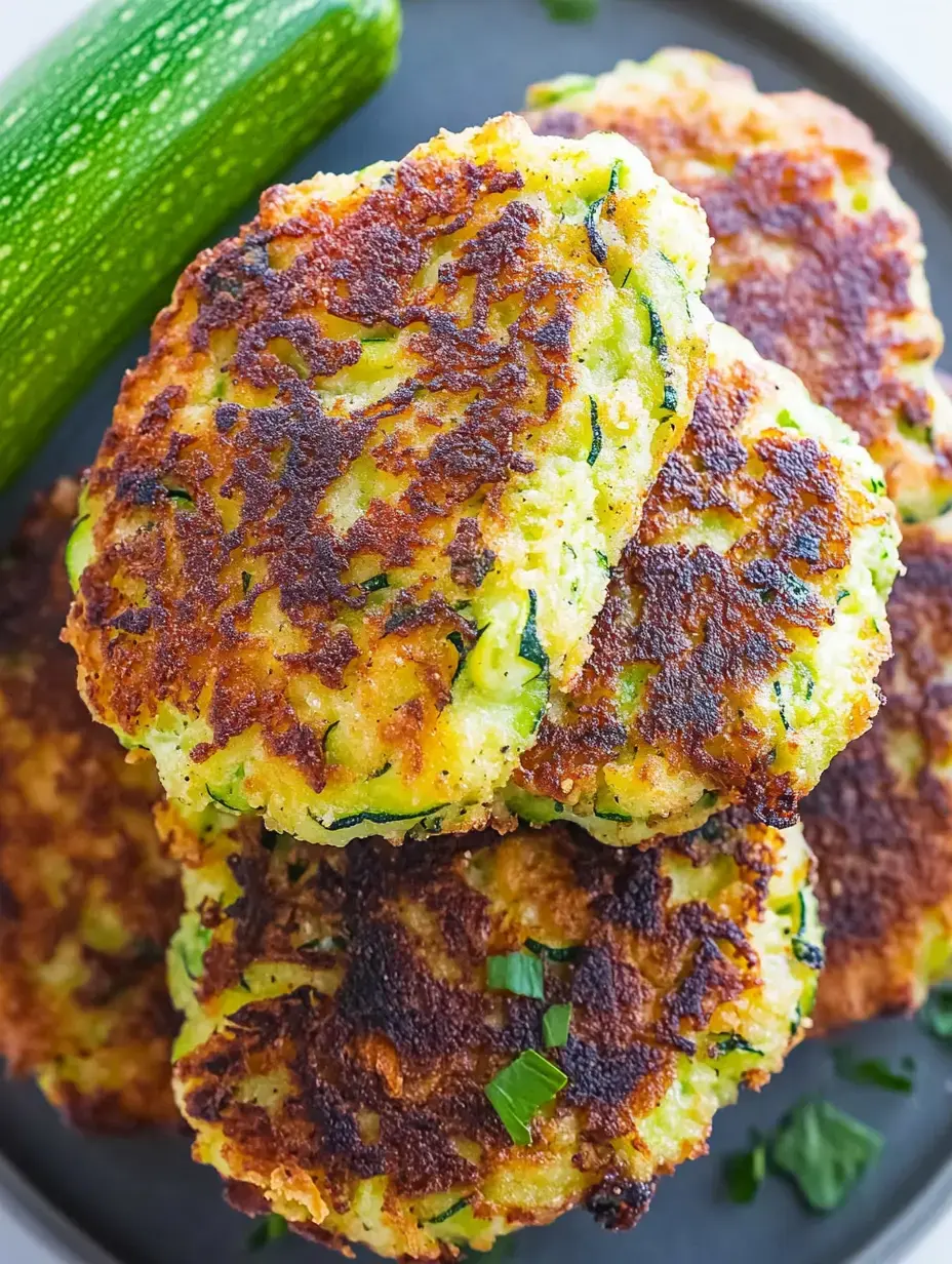 A stack of golden-brown zucchini fritters garnished with chopped herbs, next to a whole zucchini on a dark plate.