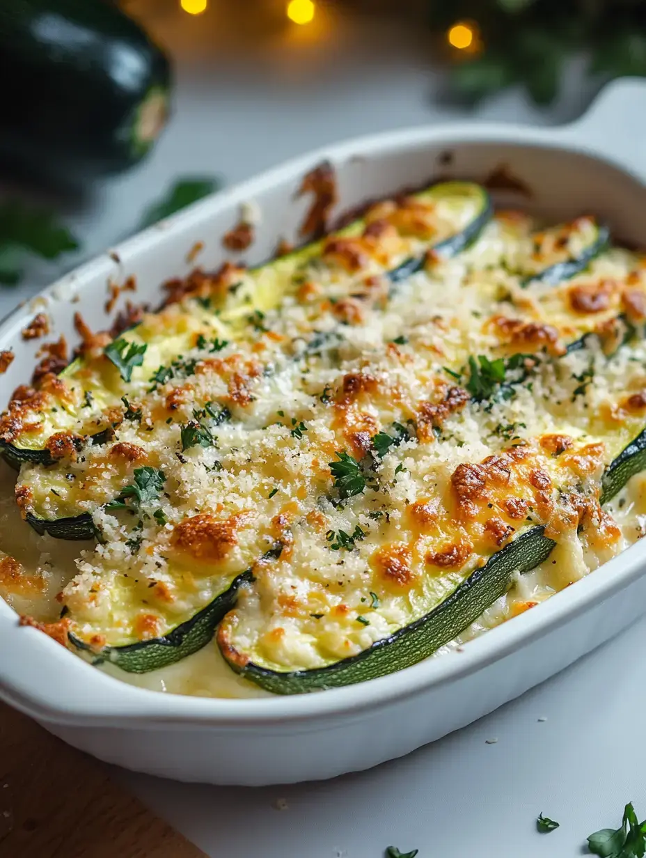 A baked zucchini casserole topped with golden cheese and breadcrumbs, garnished with fresh parsley.