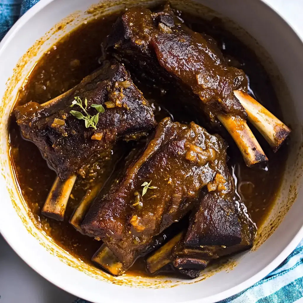 A close-up view of three succulent beef short ribs in a rich sauce, garnished with herbs, in a white bowl.