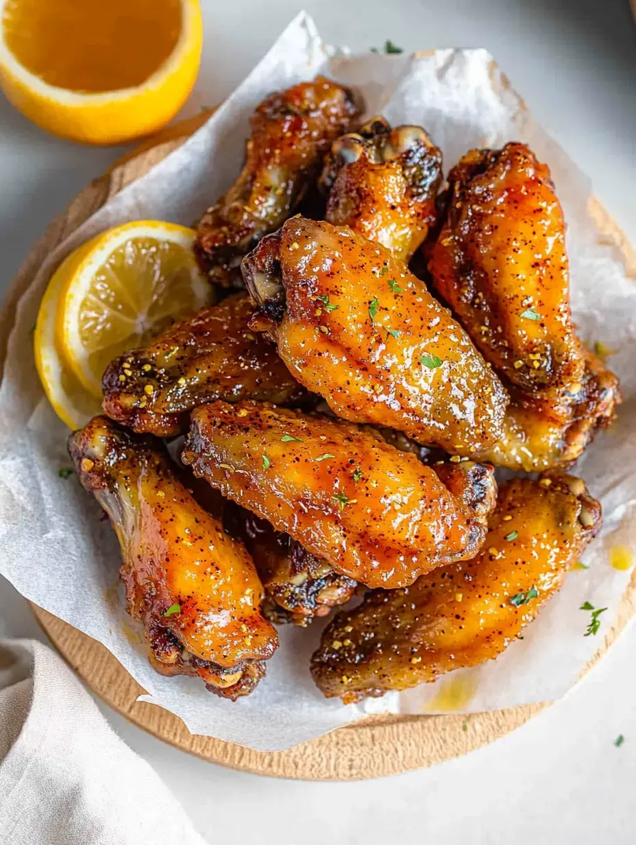 A plate of glazed chicken wings garnished with herbs, accompanied by lemon wedges.