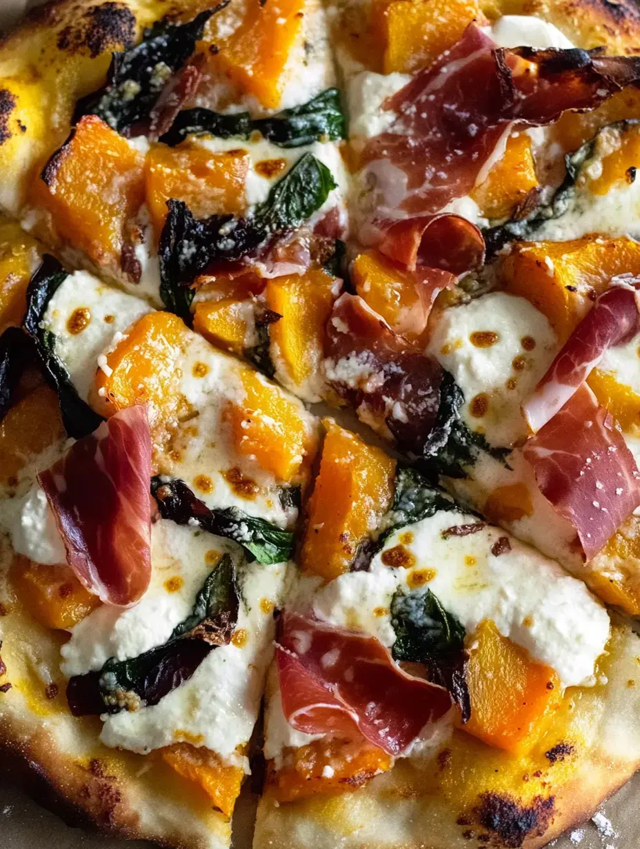 A freshly baked pizza topped with butternut squash, ricotta, spinach, and slices of prosciutto.