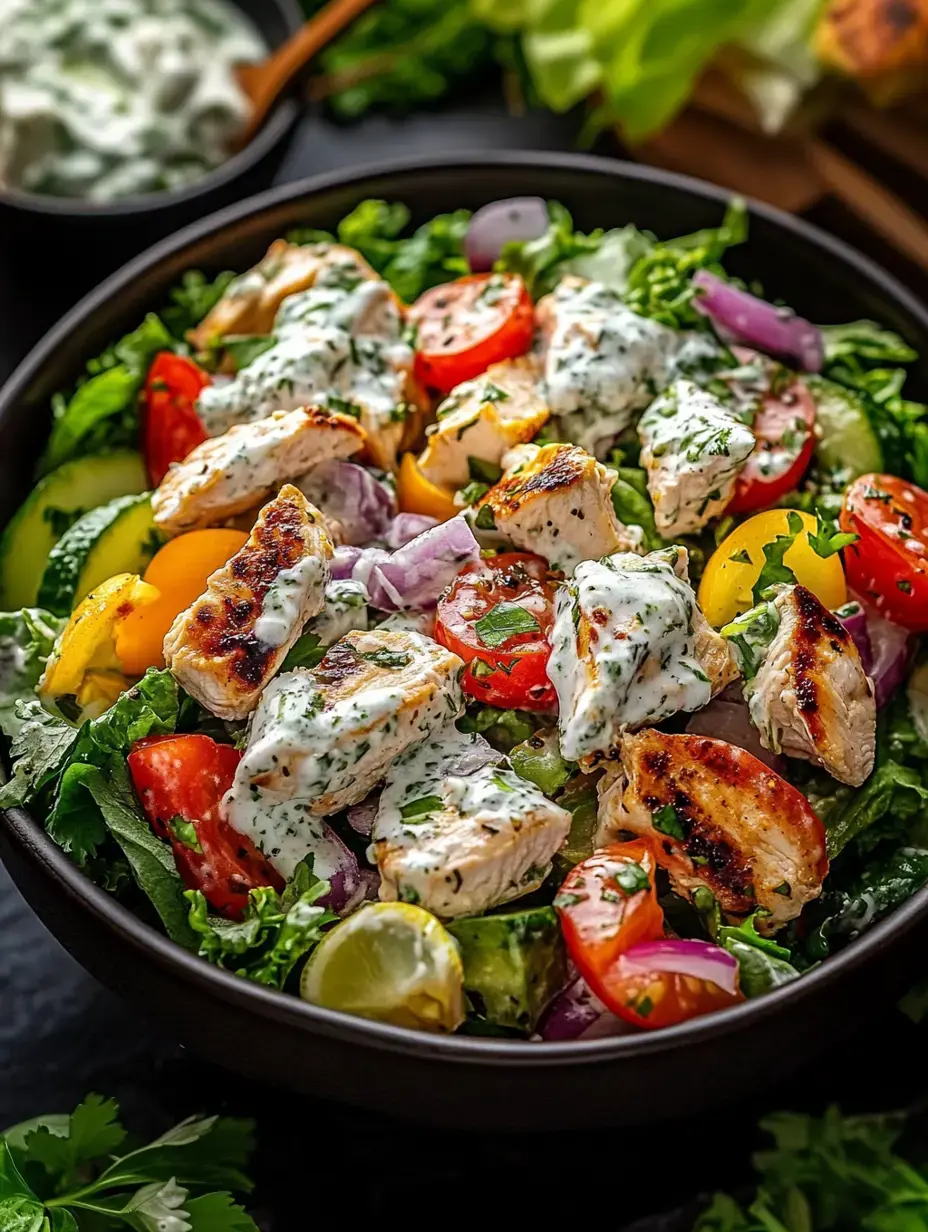 A vibrant salad featuring grilled chicken, mixed greens, cherry tomatoes, cucumbers, and a creamy herb dressing.