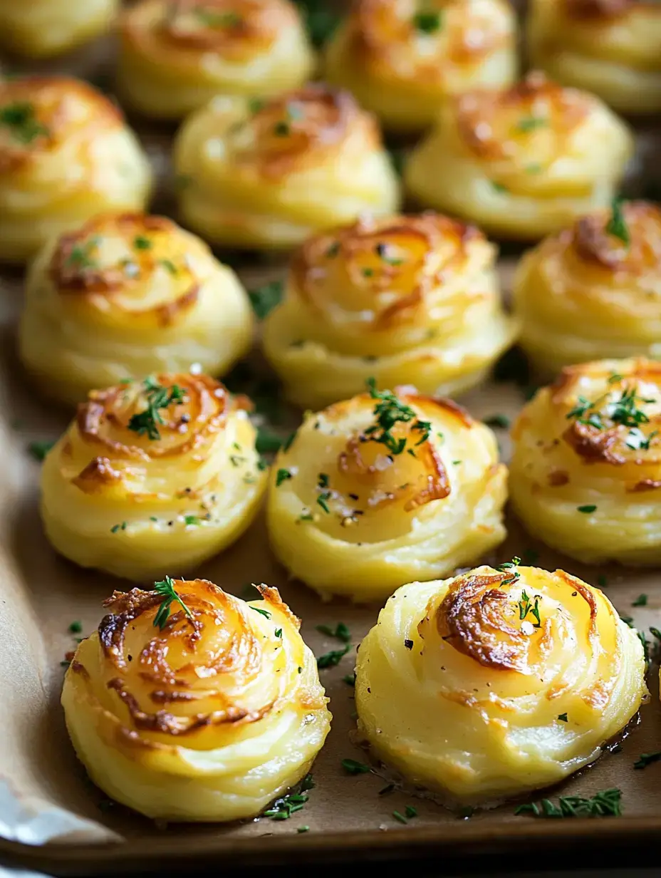 A tray of elegantly arranged, golden-brown potato roses garnished with chopped parsley.