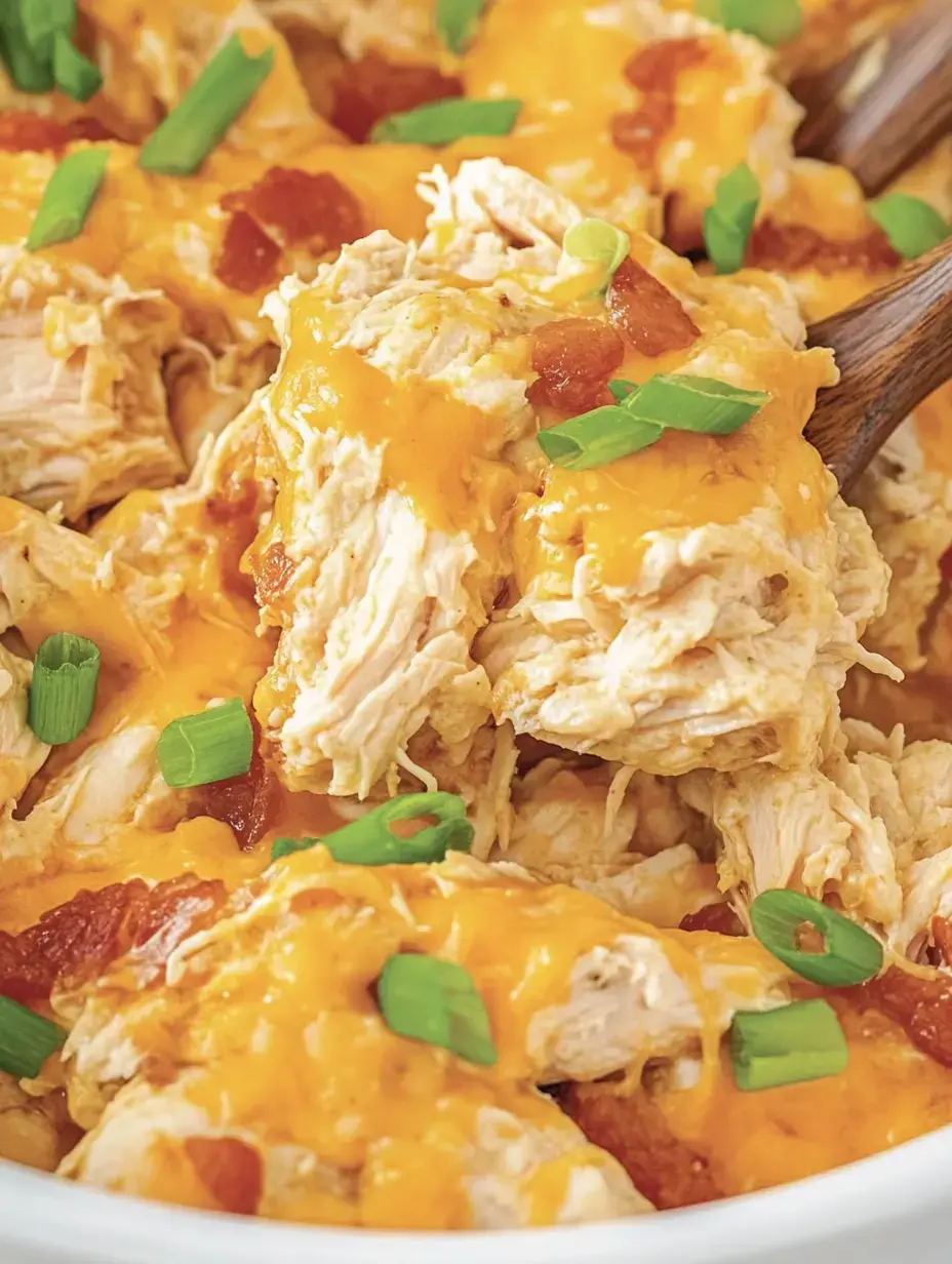 A close-up image of shredded chicken topped with melted cheddar cheese, diced tomatoes, and chopped green onions.