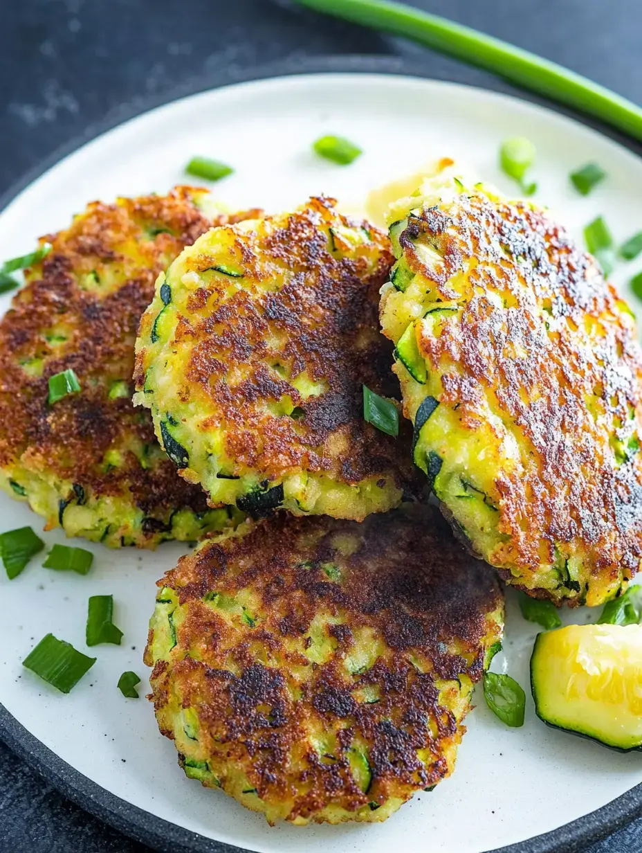 A plate of golden-brown zucchini fritters garnished with chopped green onions and slices of zucchini.