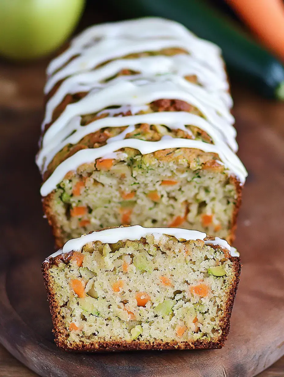 A sliced loaf of vegetable bread topped with white icing, showing colorful bits of carrots and zucchini inside.