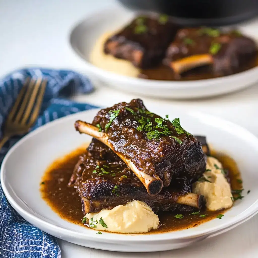 A plate of tender short ribs topped with chopped herbs, served over creamy mashed potatoes with a rich sauce.