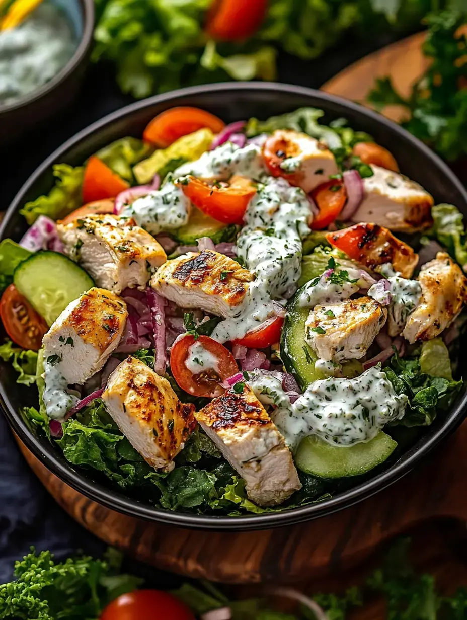 A colorful salad featuring grilled chicken, cherry tomatoes, cucumbers, and a creamy herb dressing, served in a dark bowl.