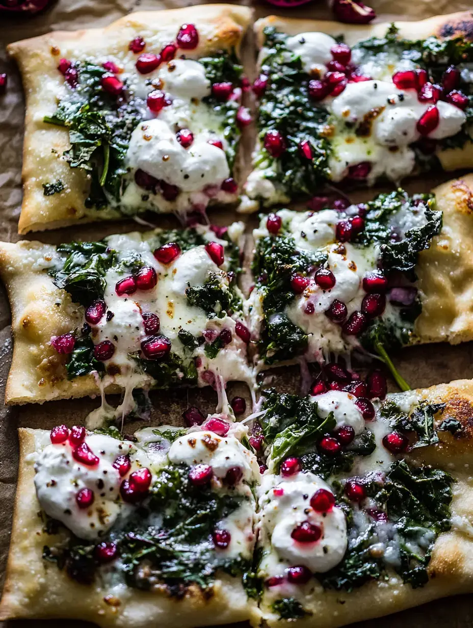 A freshly baked flatbread topped with melted cheese, kale, and scattered pomegranate seeds, cut into pieces on a parchment paper-lined surface.