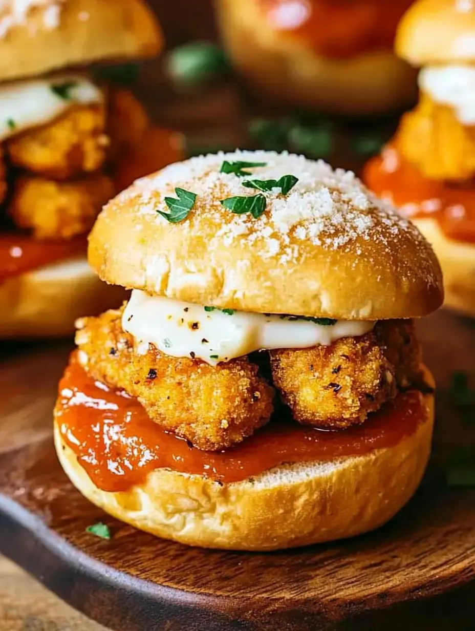 A close-up of a sandwich featuring crispy chicken, marinara sauce, and herbs on a soft bun.