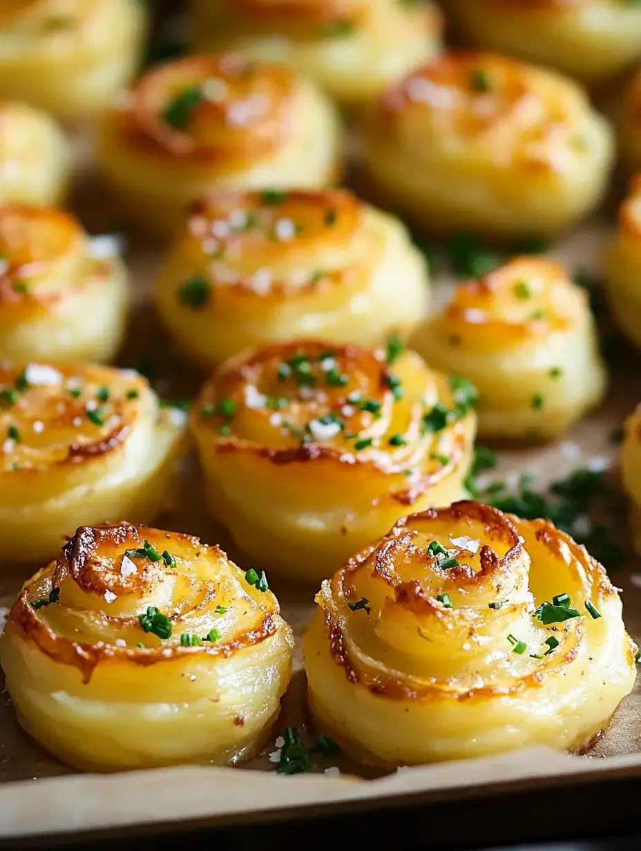 A close-up of beautifully baked potato roses topped with chopped chives and sea salt.