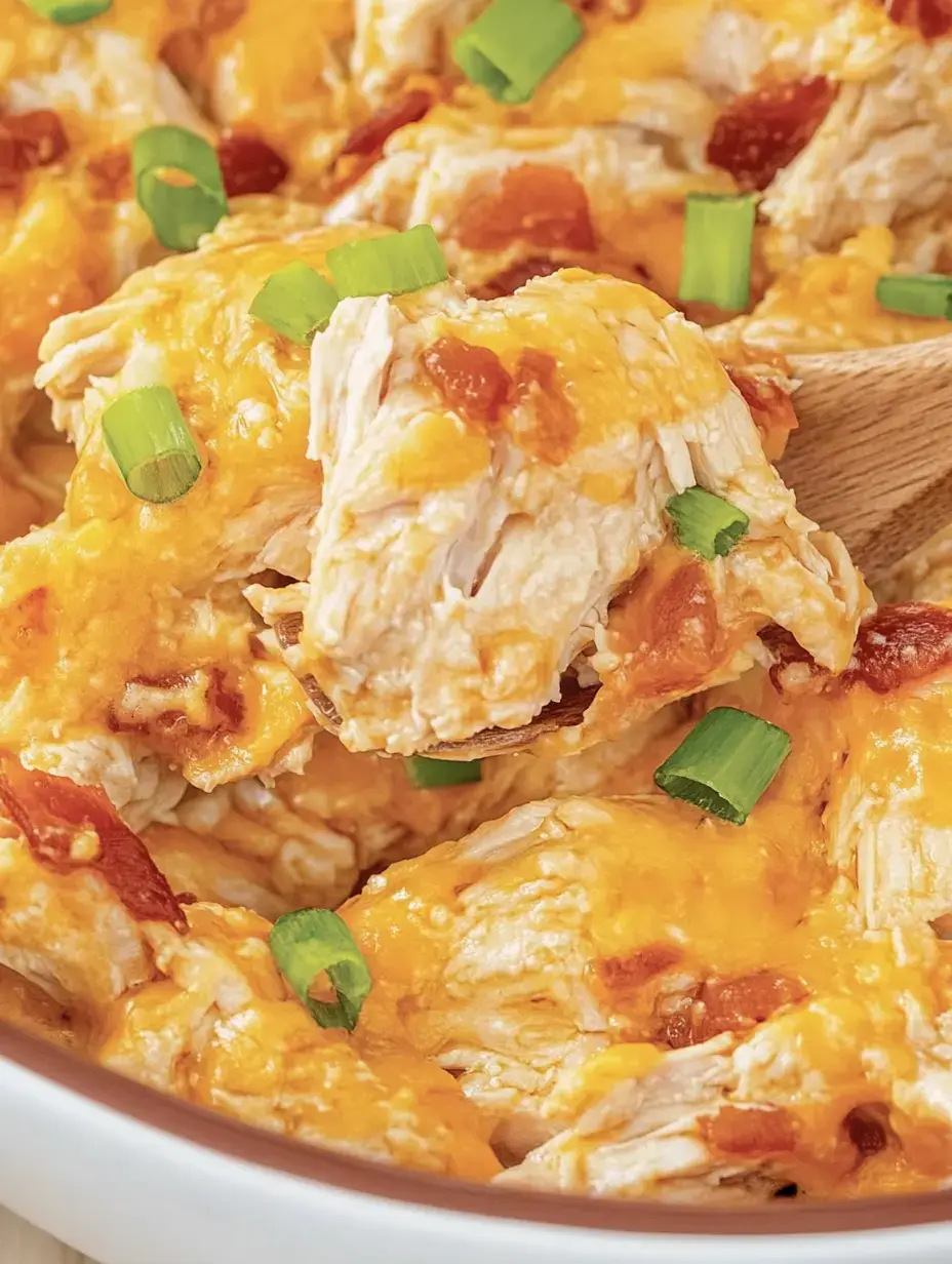 A close-up image of shredded chicken topped with melted cheese, diced tomatoes, and chopped green onions in a serving dish.