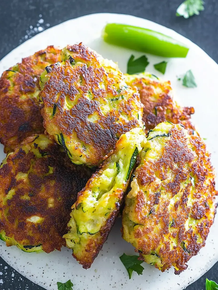 A plate of golden-brown zucchini fritters garnished with green pepper and herbs.