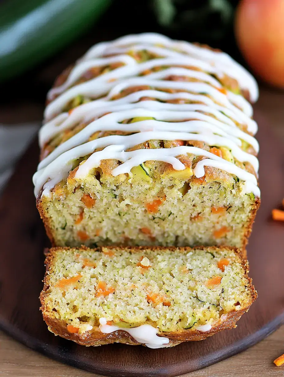 A sliced zucchini and carrot loaf cake topped with a white icing drizzle, placed on a wooden serving board.