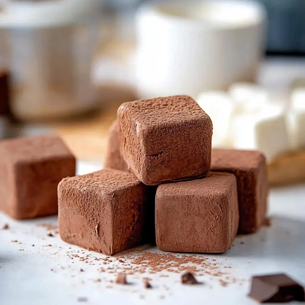 A stack of chocolate truffles dusted with cocoa powder, with chocolate shavings scattered on the surface.