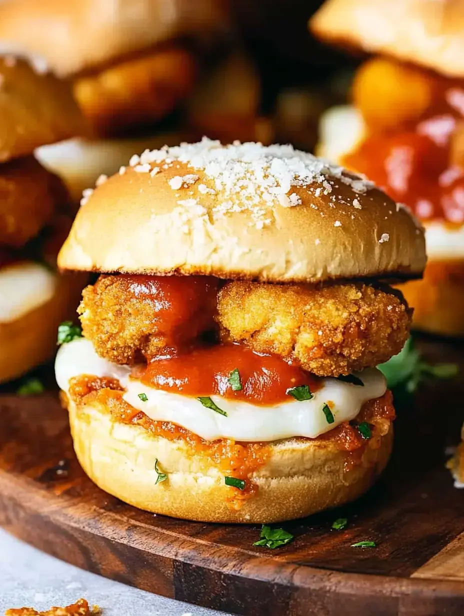 A close-up of a chicken sandwich topped with breaded chicken, marinara sauce, mozzarella cheese, and garnished with parsley on a wooden serving board.