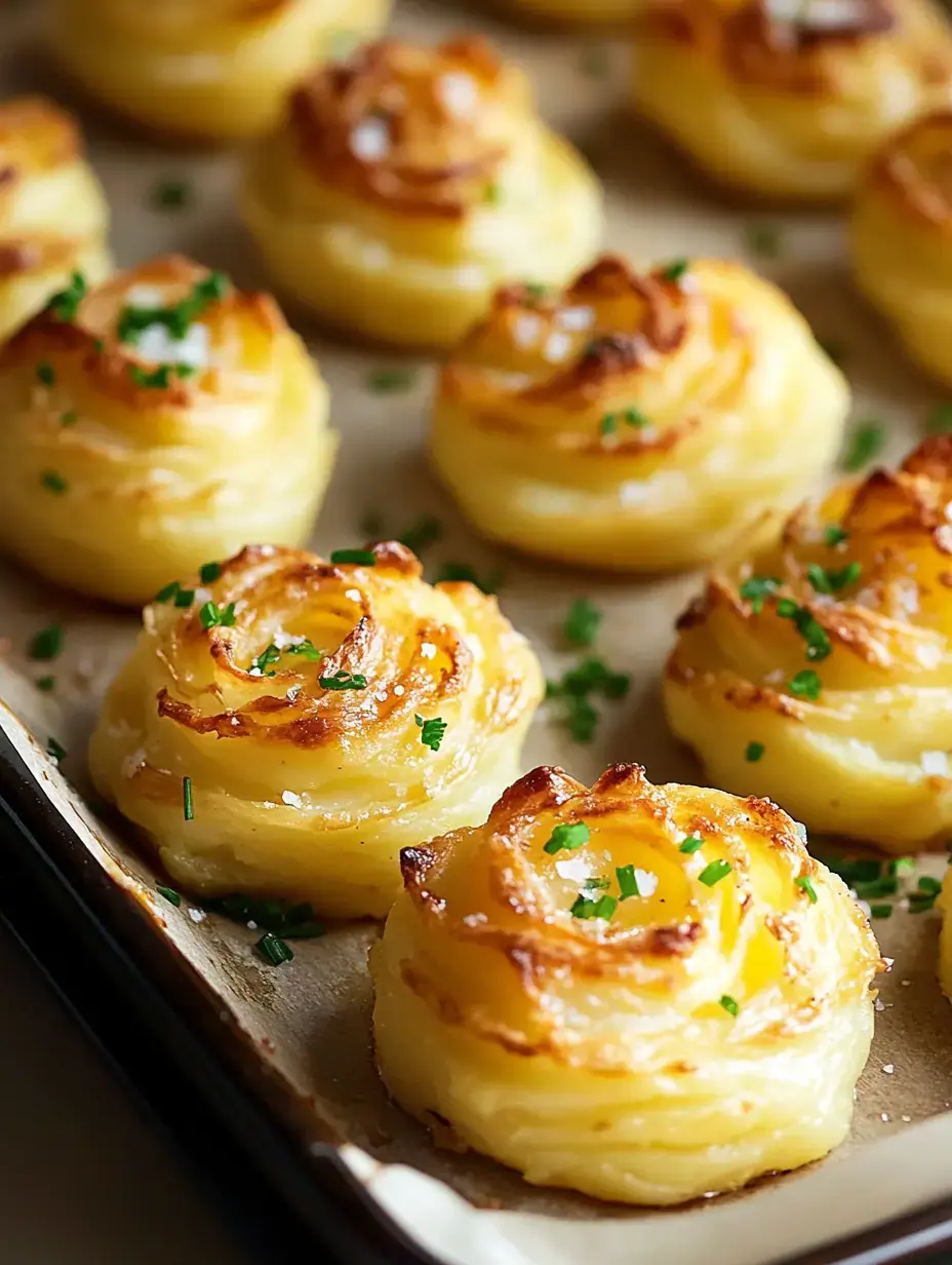 A tray of beautifully golden-brown, spiral-shaped potato rosettes garnished with chopped chives.