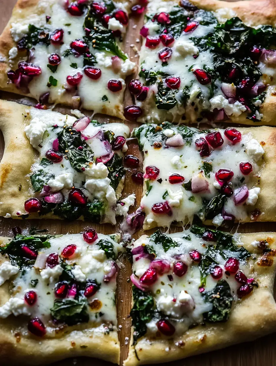 A close-up of a sliced pizza topped with melted cheese, spinach, pomegranate seeds, and small pieces of onion on a wooden surface.