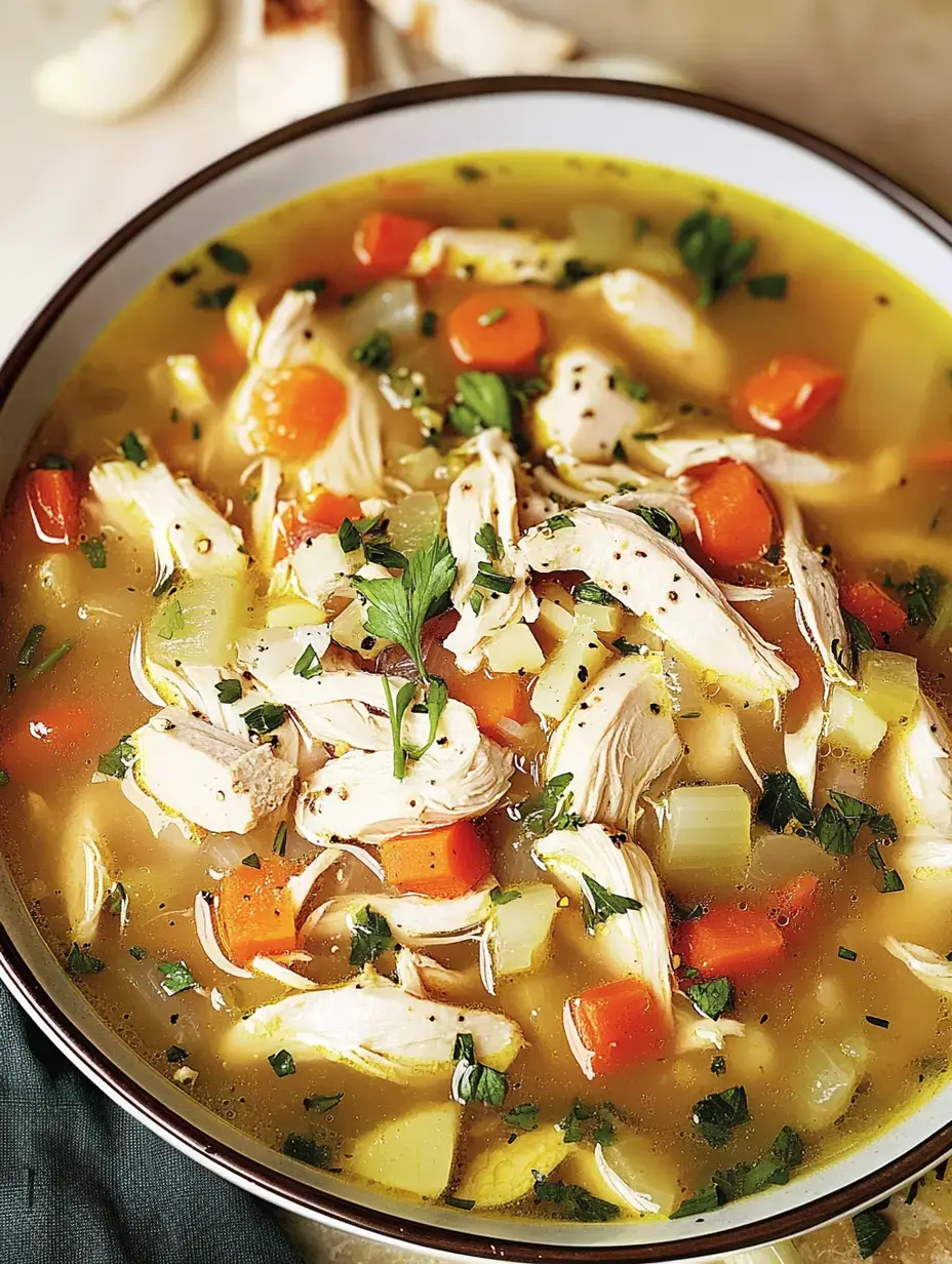 A bowl of chicken soup featuring shredded chicken, carrots, celery, and herbs in a flavorful broth.