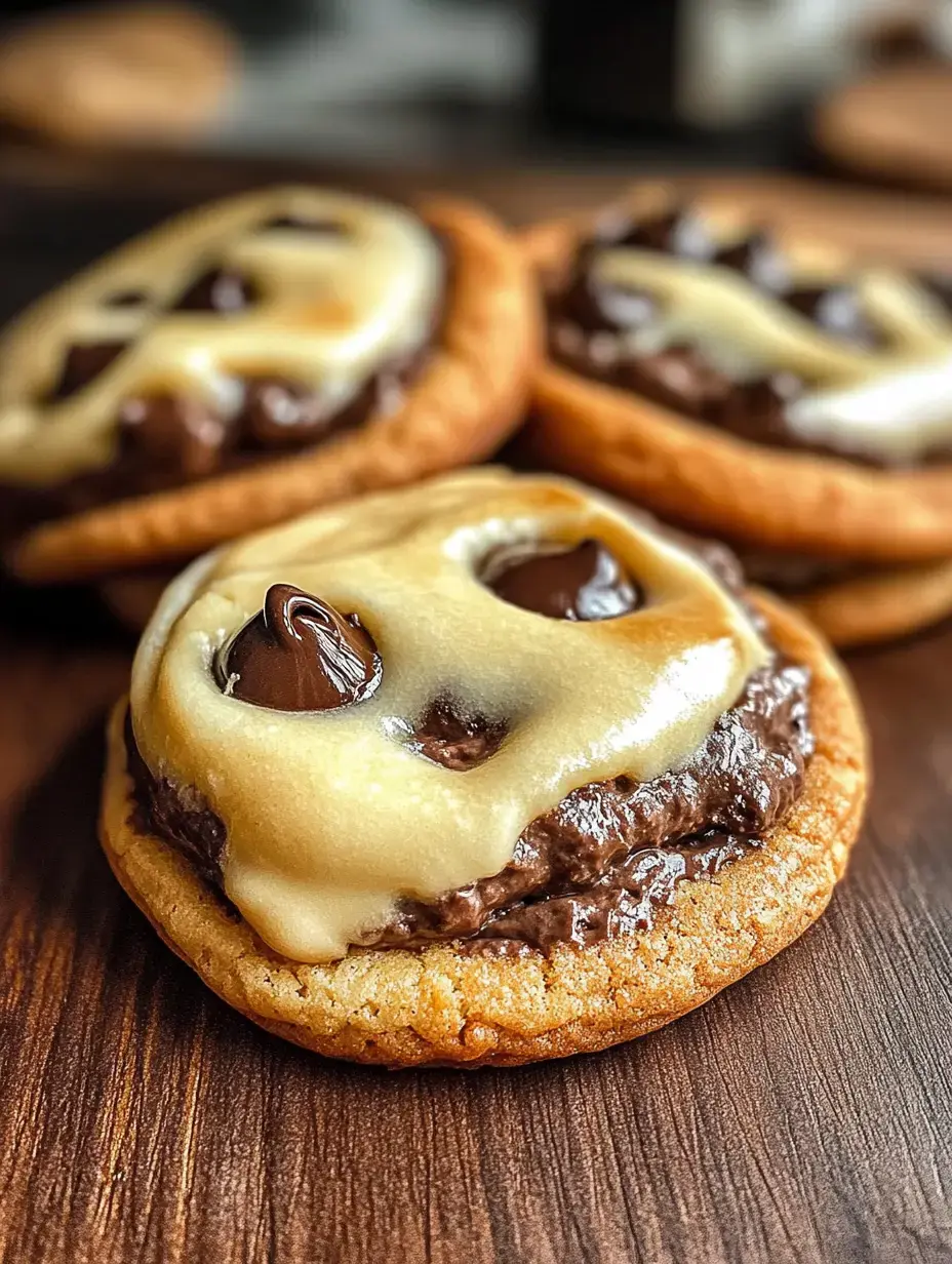 Three cookies topped with chocolate filling and drizzled with creamy frosting, placed on a wooden surface.