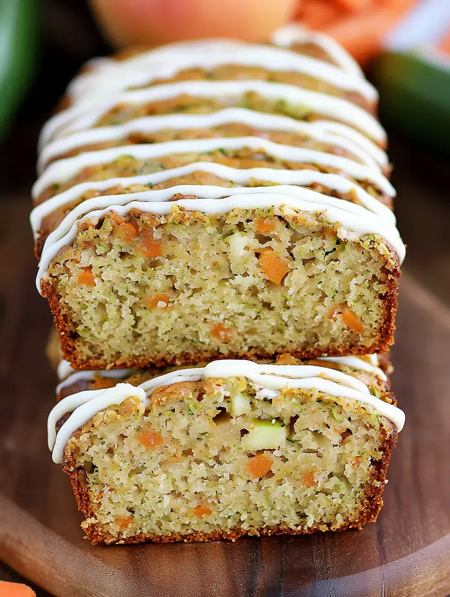 A close-up of a sliced loaf cake topped with white icing, showcasing a moist texture with visible bits of zucchini and carrot.