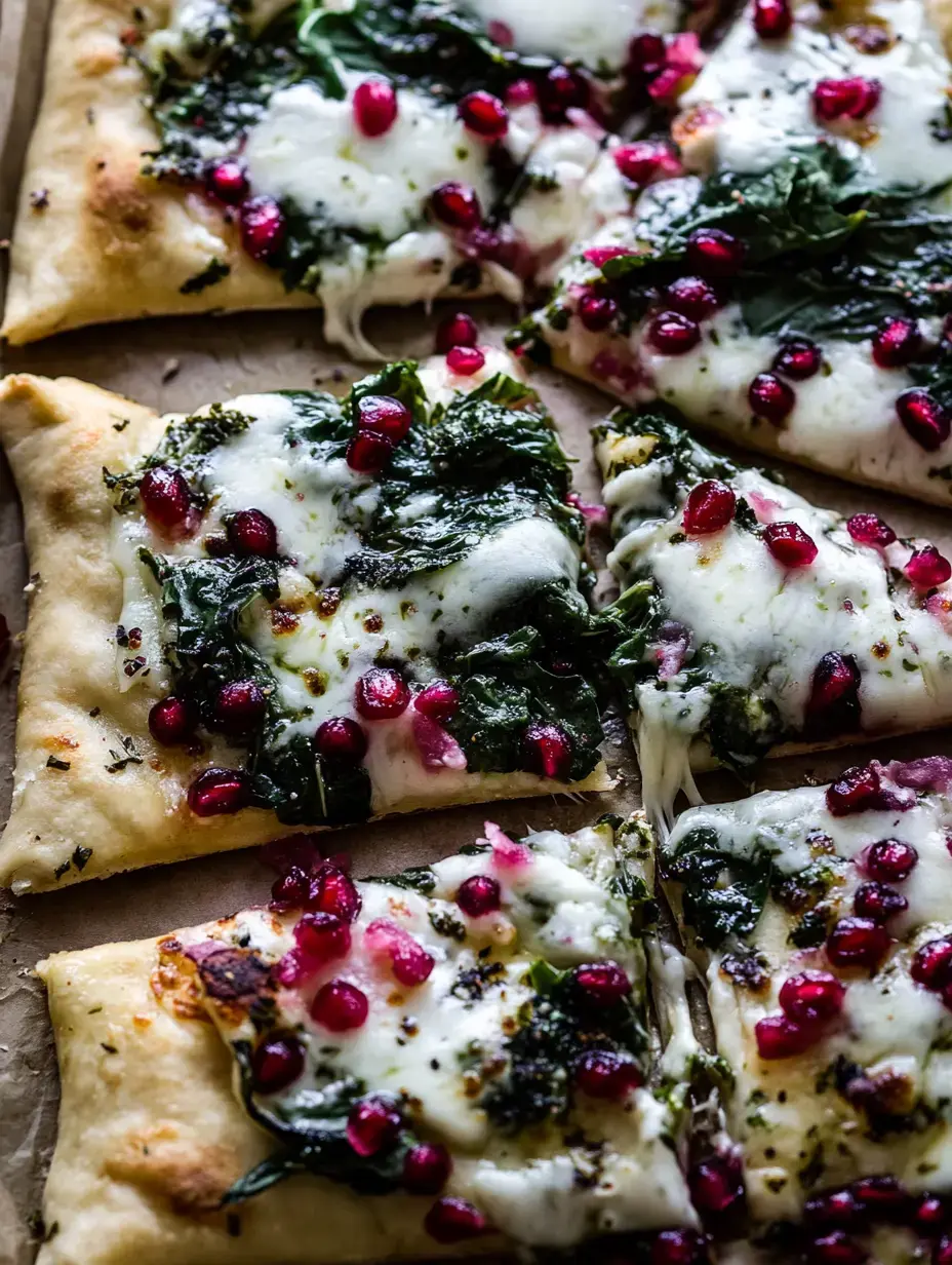 A close-up of a serving of pizza topped with spinach, pomegranate seeds, and melted cheese, cut into slices on a parchment-lined surface.