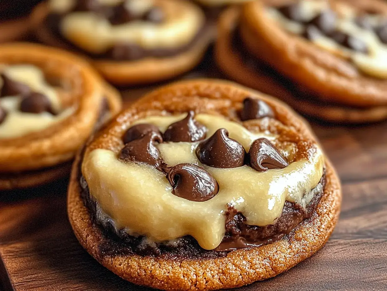 A close-up of cookies topped with creamy filling and chocolate chips on a wooden surface.