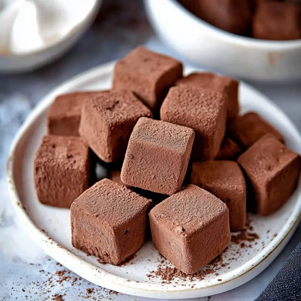 A plate of brown chocolate cubes dusted with cocoa powder is displayed, with some cubes sprinkled with cocoa on the surface.