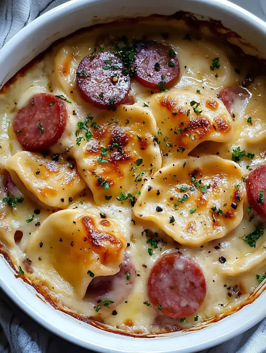 A creamy casserole featuring pasta filled with cheese and slices of sausage, topped with herbs and a golden-brown crust.