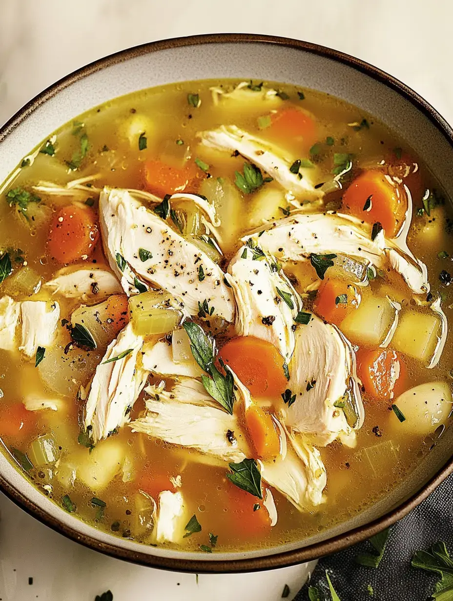 A bowl of chicken soup filled with shredded chicken, carrots, celery, and herbs in a savory broth.