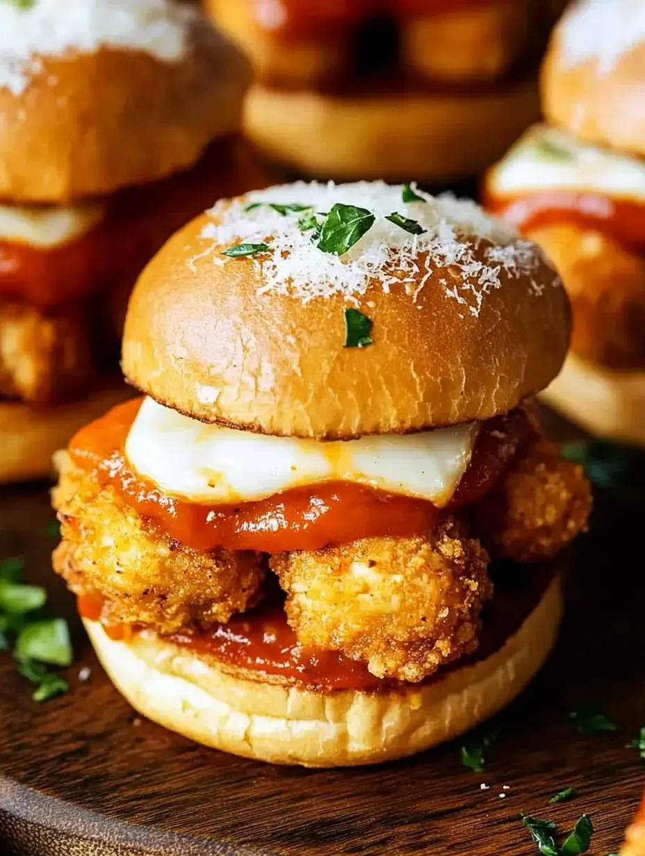 A close-up of a crispy chicken sandwich topped with marinara sauce, melted cheese, and garnished with parsley on a wooden surface.