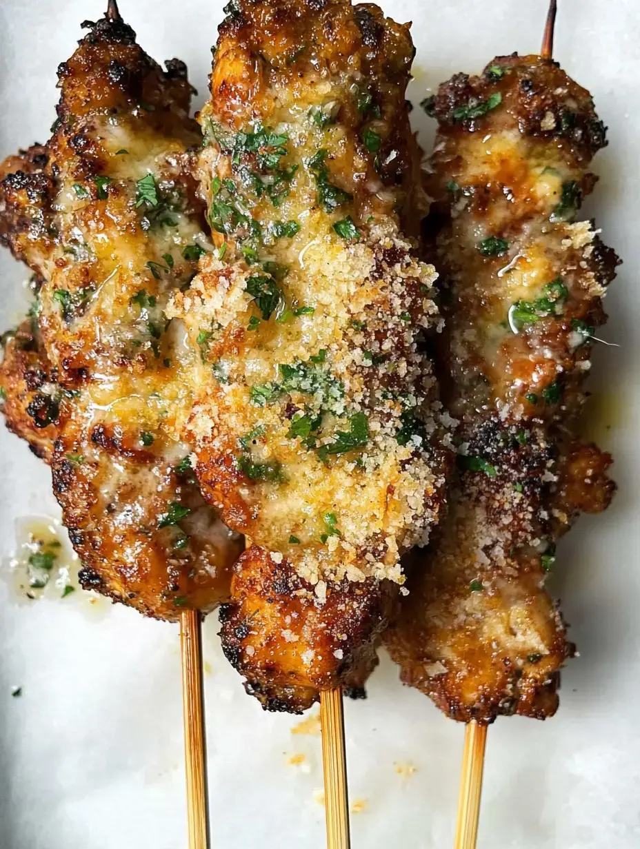 Grilled chicken skewers are coated with a crispy topping and garnished with fresh herbs.