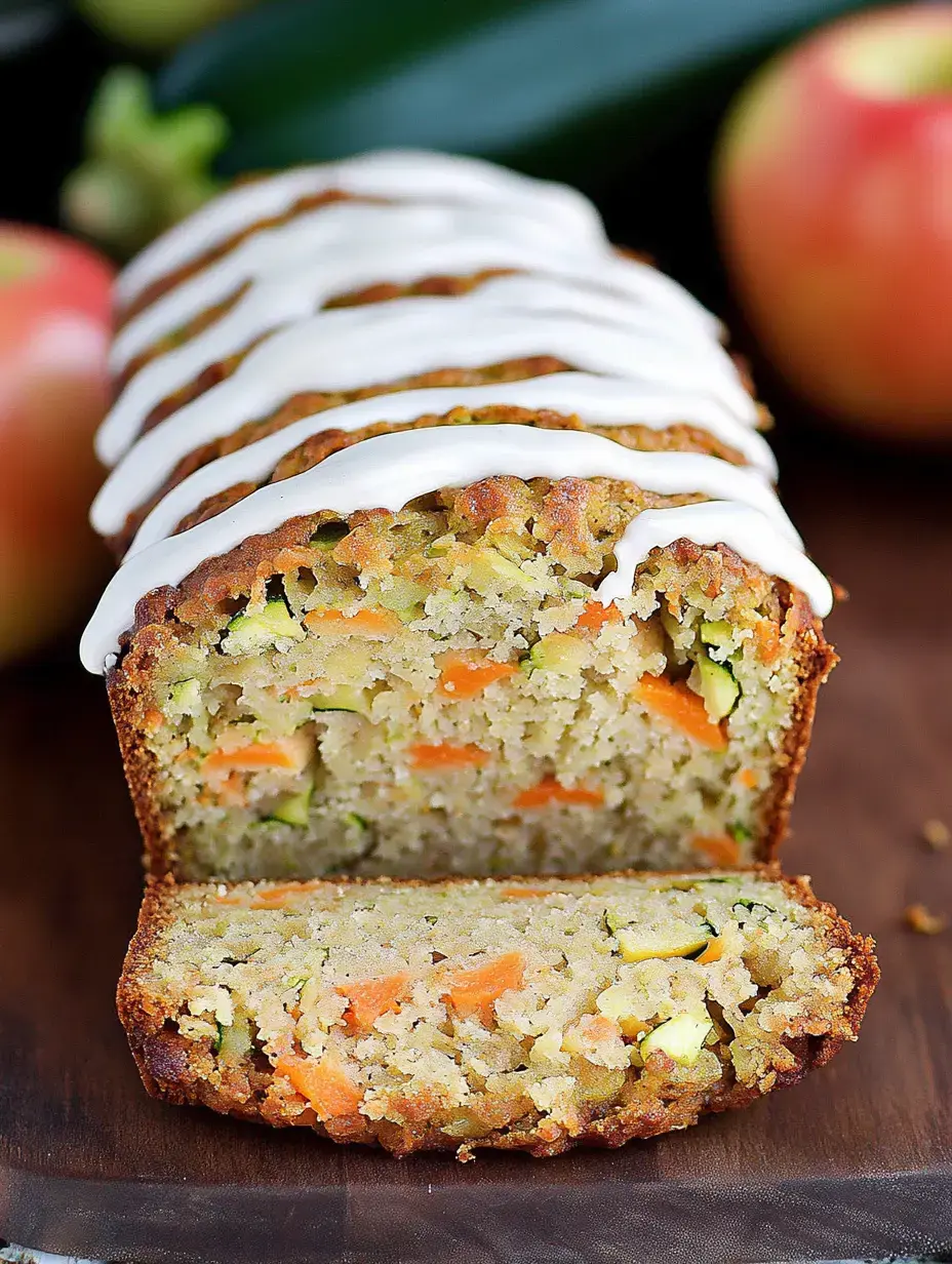 A loaf of zucchini bread is sliced to reveal its moist, colorful interior dotted with pieces of carrots and zucchini, topped with a white icing glaze, with fresh apples and zucchini in the background.