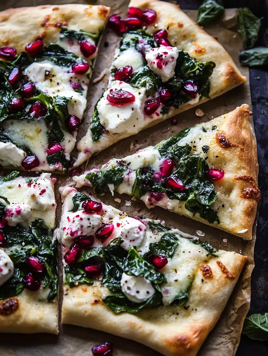 A freshly baked pizza topped with spinach, creamy white cheese, and scattered pomegranate seeds, cut into slices.