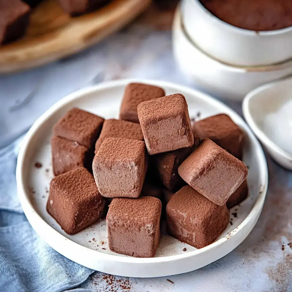 A plate piled with chocolate truffles shaped like cubes, dusted with cocoa powder.