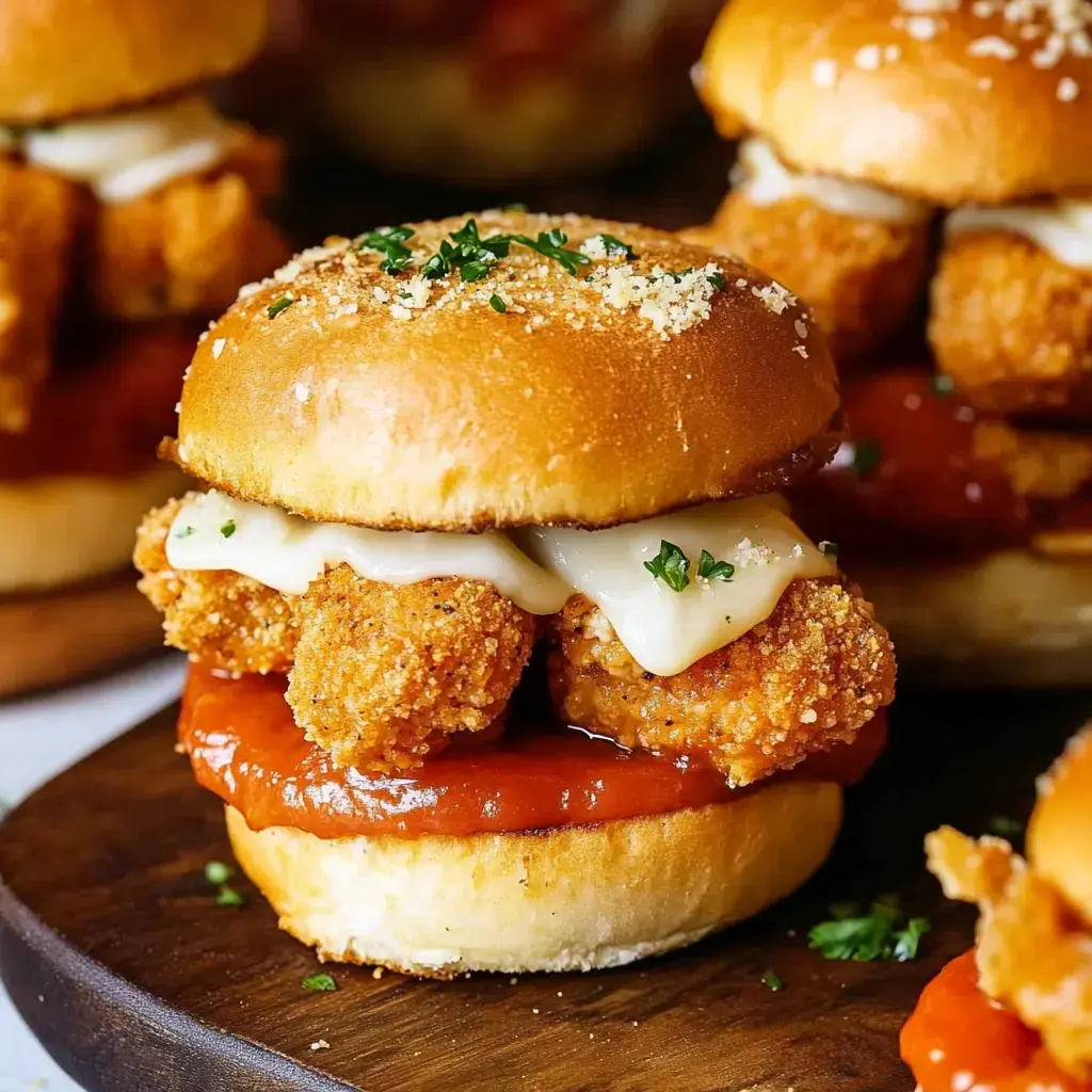 A close-up of a sandwich featuring crispy chicken pieces, melted cheese, and marinara sauce on a toasted bun, garnished with parsley.