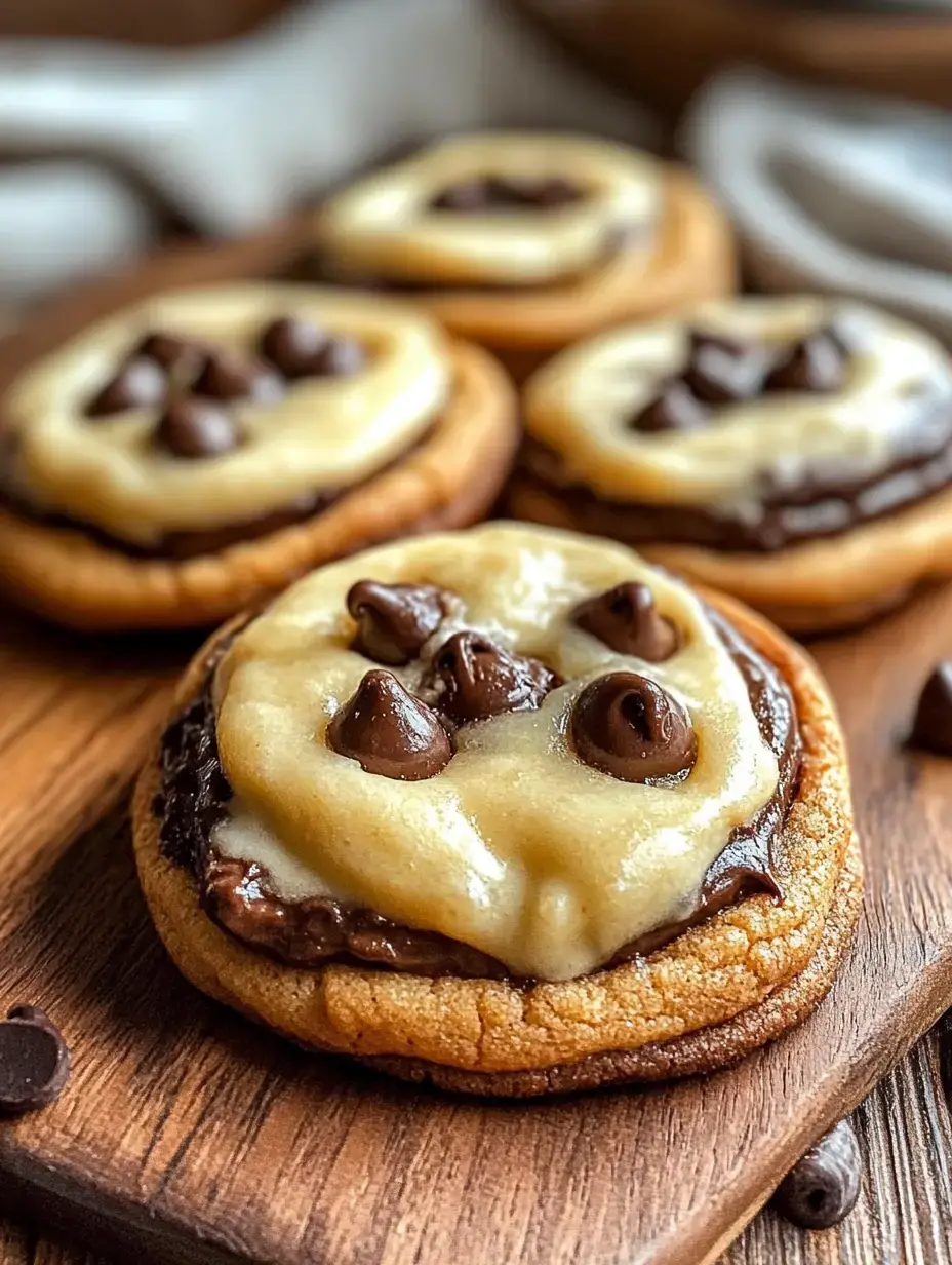 A close-up image of freshly baked cookies topped with chocolate and cream cheese frosting on a wooden board.