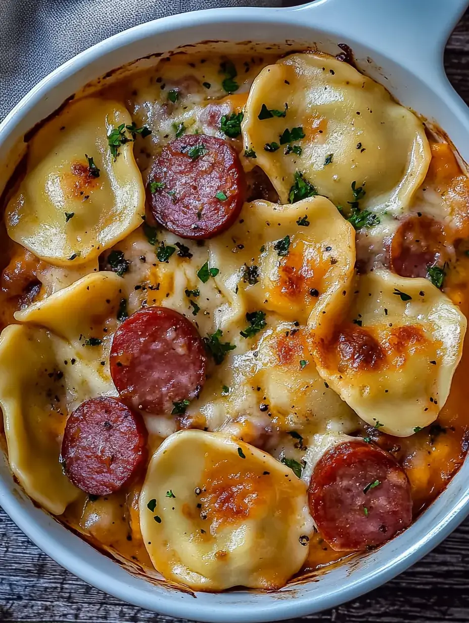 A creamy baked dish featuring cheese-filled pasta and slices of pepperoni, garnished with parsley.