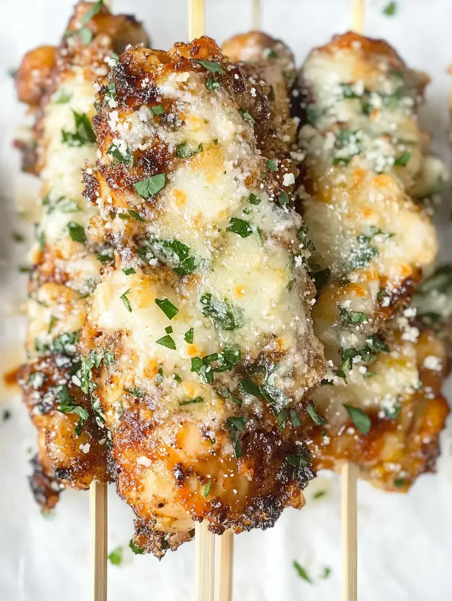 Grilled chicken skewers topped with melted cheese and garnished with parsley.