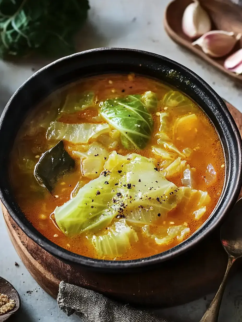 A steaming bowl of cabbage soup filled with leafy greens and spices, served in a dark ceramic bowl on a wooden surface.