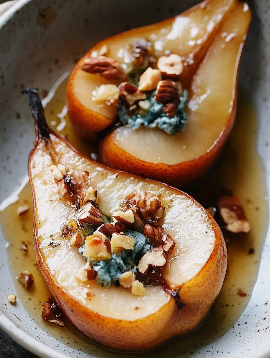 Two halved, baked pears are topped with blue cheese and chopped nuts, sitting in a light syrup in a decorative bowl.