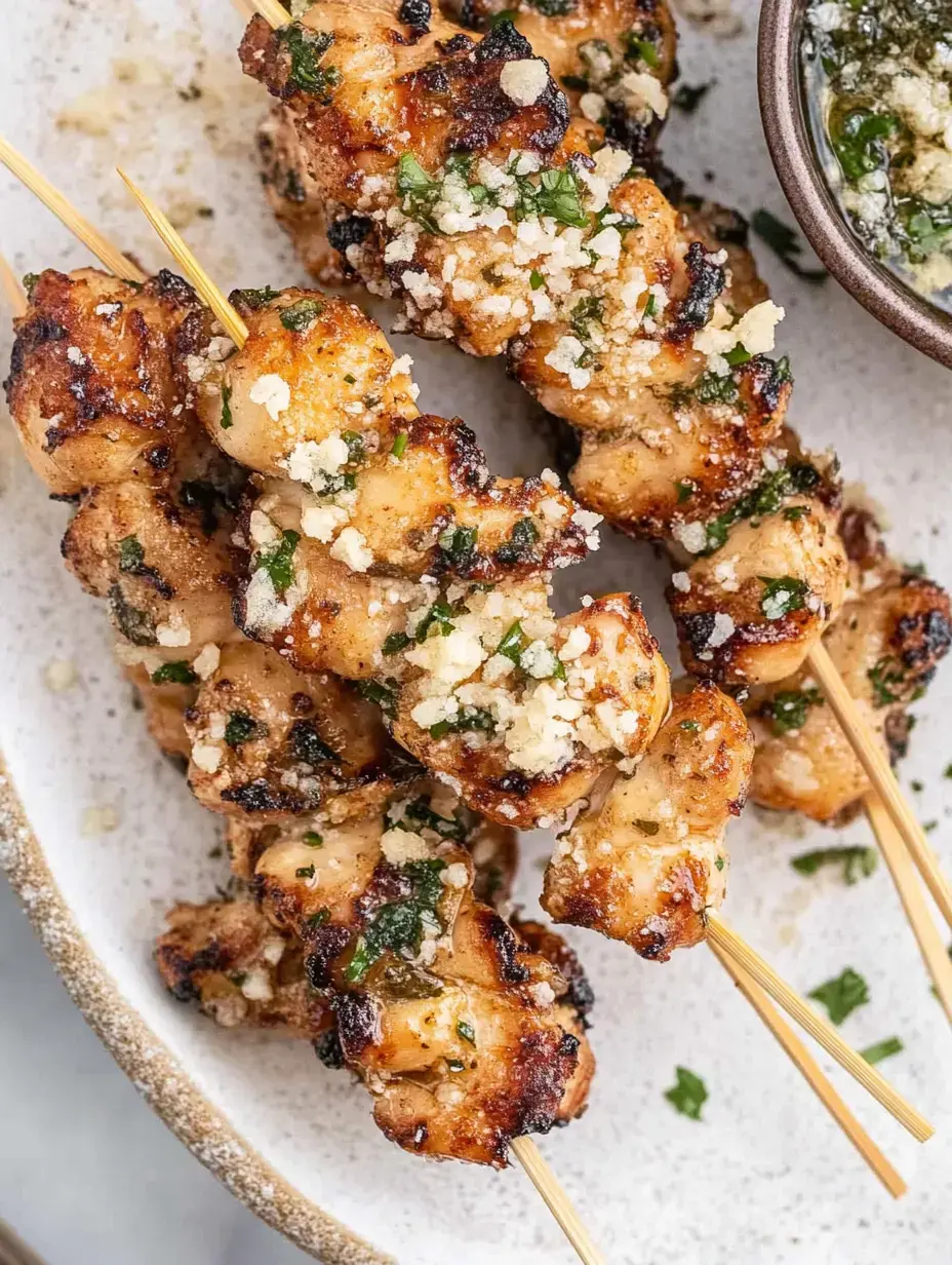 Grilled chicken skewers garnished with herbs and cheese, served on a plate next to a small bowl of sauce.