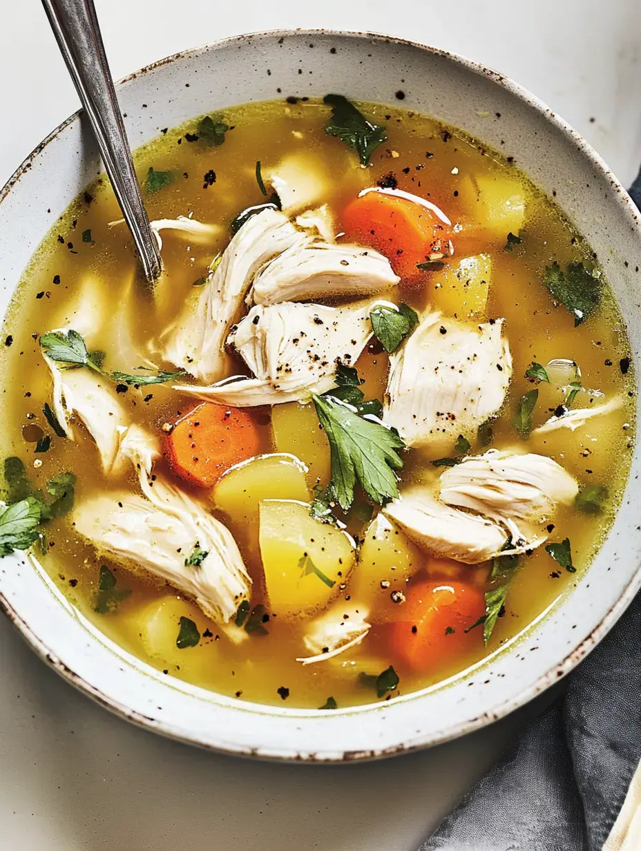 A bowl of chicken soup filled with shredded chicken, diced potatoes, and carrots, garnished with parsley.