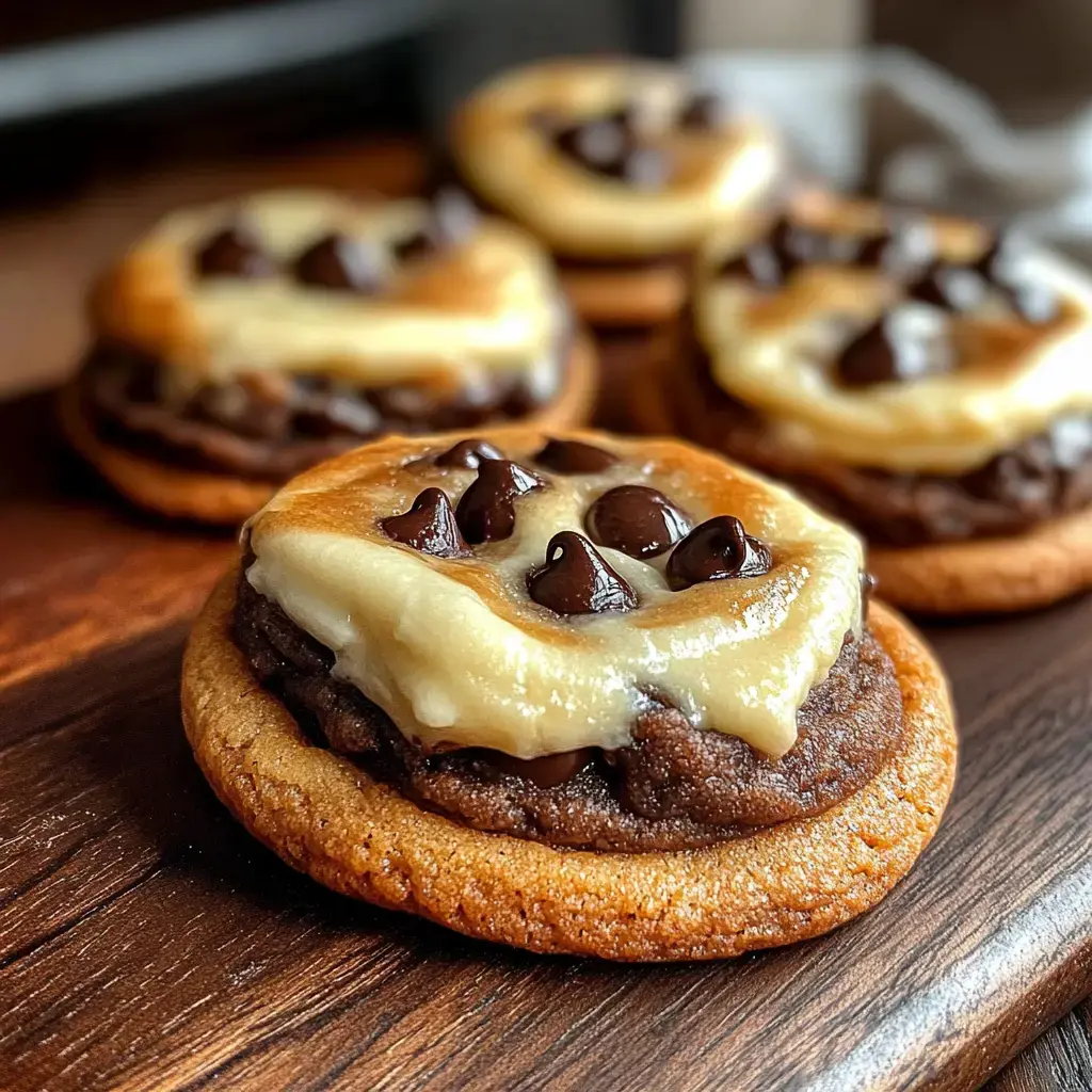 A close-up image of cookies layered with chocolate frosting and topped with chocolate chips, displayed on a wooden surface.