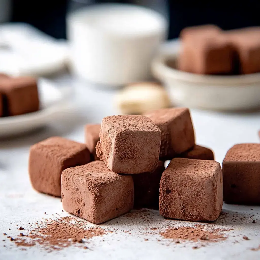 A pile of cocoa-dusted chocolate cubes sits on a light surface, with additional cubes and a bowl in the background.