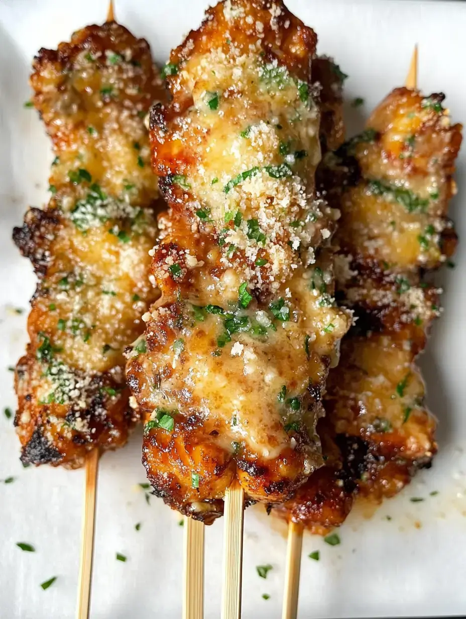 Grilled chicken skewers topped with melted cheese, herbs, and breadcrumbs are placed on a white surface.