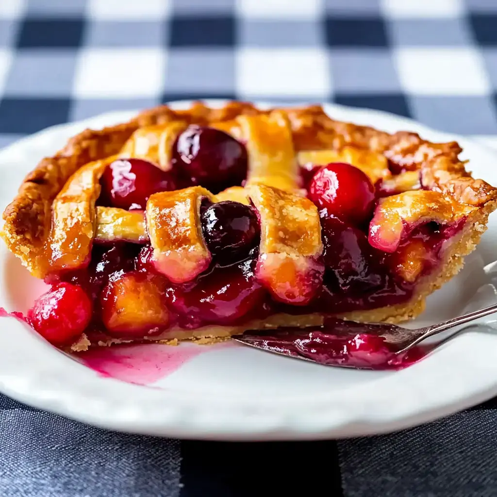 A slice of berry pie on a white plate, showcasing glossy fruit filling and a lattice crust, sits on a checkered tablecloth.