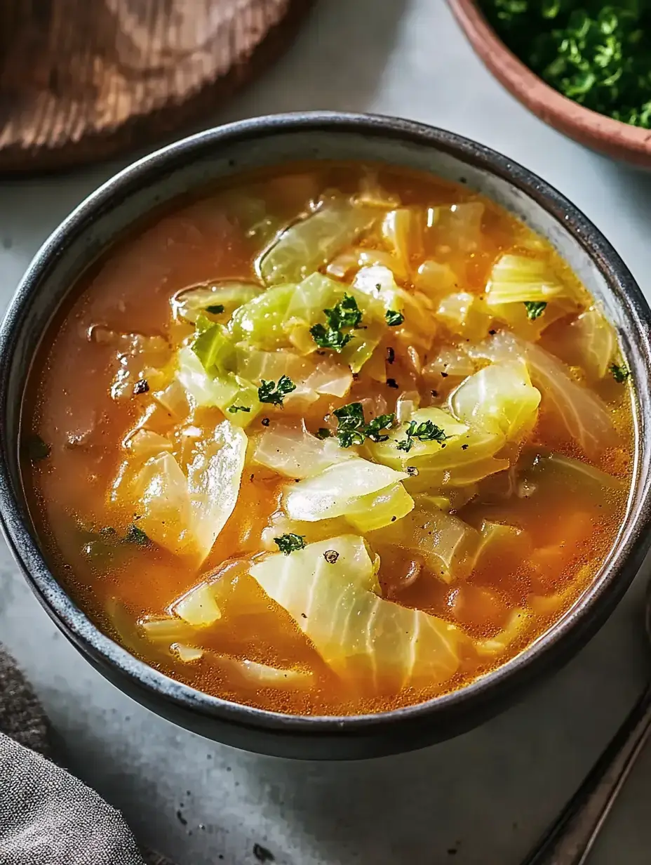 A bowl of cabbage soup garnished with green herbs sits on a textured surface.