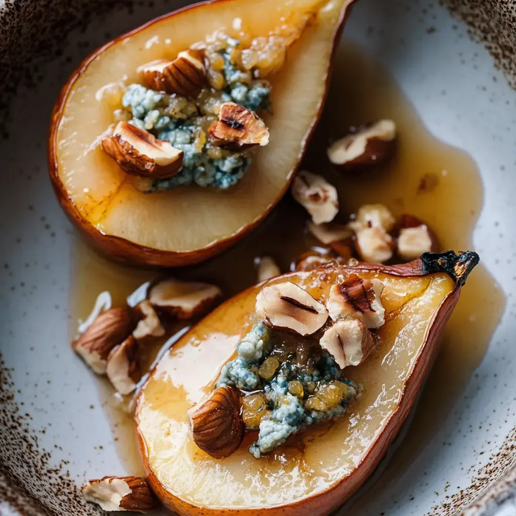 Two halved pears are drizzled with syrup and topped with blue cheese and chopped hazelnuts, served on a decorative plate.